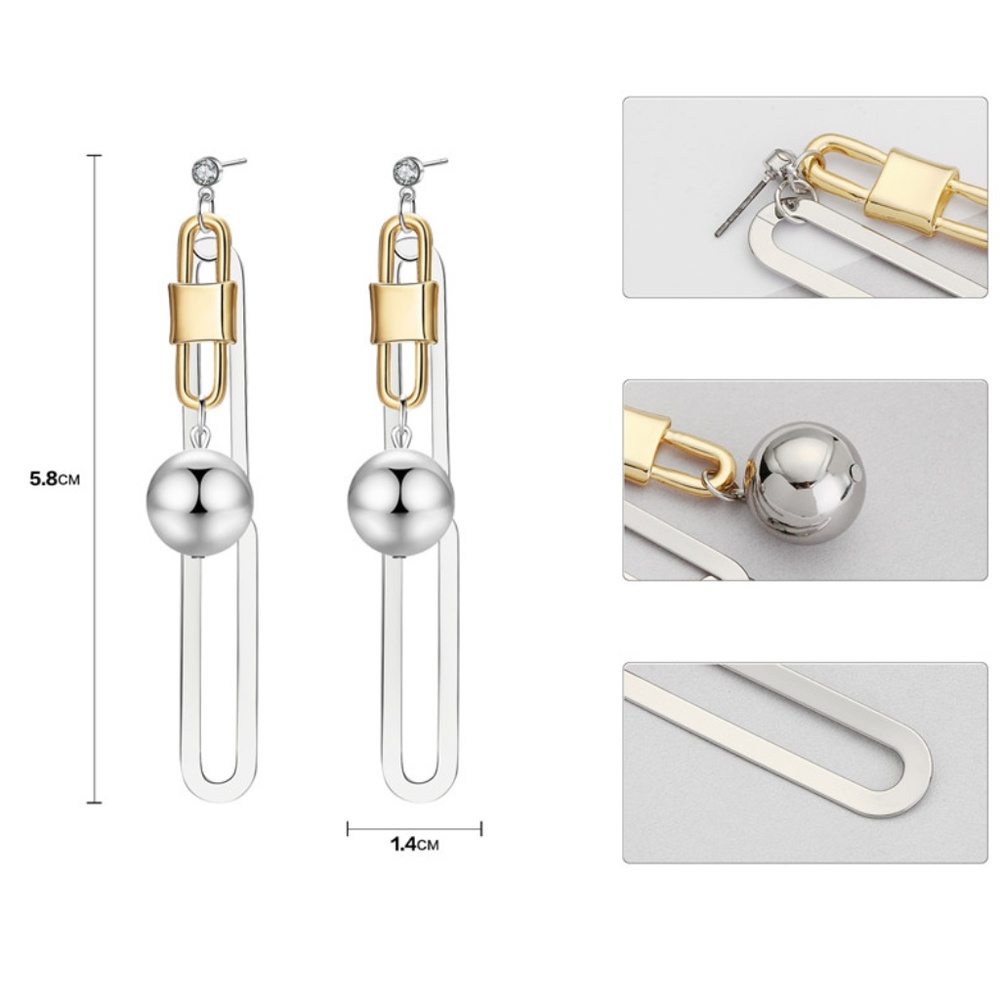 NEW Two Tone Link Lock Ball Crystal Drop Earrings - Picture 4 of 4